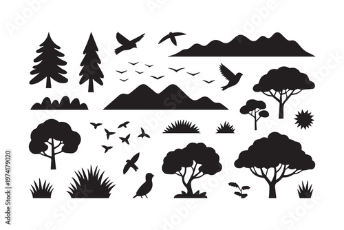 Nature Silhouettes Set with Trees Mountains and Flying Bird