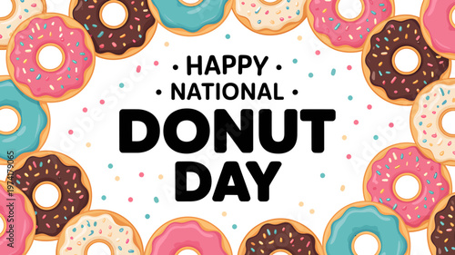 Colorful donuts with sprinkles and glaze on white background celebrate National Donut Day