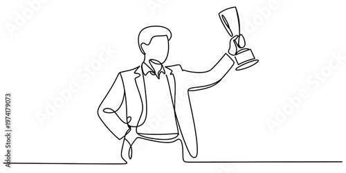 A continuous line drawing of a successful businessman holding a golden trophy in his hand high