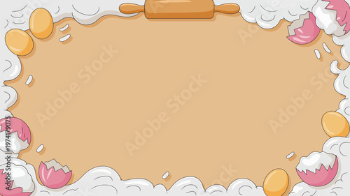 Baking frame with flour donuts and rolling pin on white background