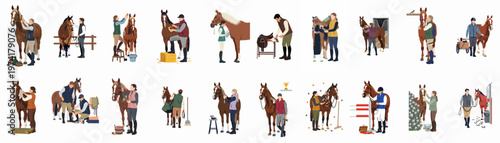 Collection of vector characters grooming, feeding, and caring for horses in various equestrian stable scenarios, isolated on a white background.
