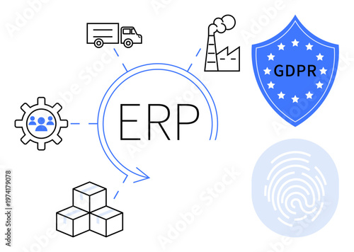 Data security, business management, supply chain, production process, compliance, digital protection. ERP with icons of GDPR, factory fingerprint supply chain and cubes. Business management