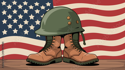 American military helmet and boots on wooden floor with USA flag background