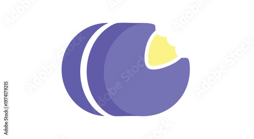 A semi-circle shape with two vertical stripes. Part of the shape is eaten away, revealing a yellow inner area. Purple & white