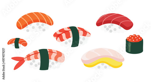 A collection of various, stylized seafood sushi pieces depicted on a clean white background. Various pieces of sushi are displayed