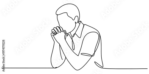 A single continuous line drawing of a thoughtful man with hands clasped in deep contemplation