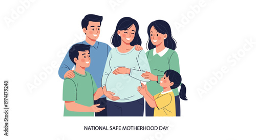 A vector illustration showcasing National Safe Motherhood Day with a set of scenes depicting prenatal care, childbirth, and postnatal support, rendered in a soft color palette