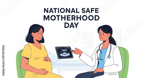 Illustrated scene depicting maternal healthcare for National Safe Motherhood Day, showing a pregnant woman receiving an ultrasound from a doctor in a clinic setting, with a clean, modern