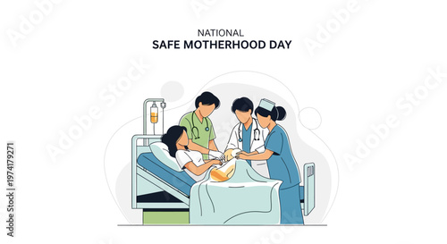 Vector illustration depicting National Safe Motherhood Day with healthcare workers attending to a pregnant woman in a hospital bed against a clean white background, promoting maternal