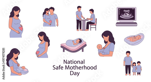 Collection of motherhood illustrations showing various stages of pregnancy and care, including prenatal checkups, breastfeeding, and family scenes, presented in a flat vector style