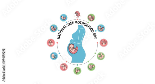 Against a clean white backdrop, a vector illustration promotes National Safe Motherhood Day with a silhouette of a pregnant woman and fetus surrounded by maternal health icons