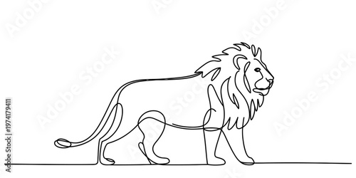 Minimalist continuous single line drawing of a majestic lion walking across a clean white background
