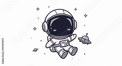 Cute Cartoon Astronaut Floating in Space with Spaceship.