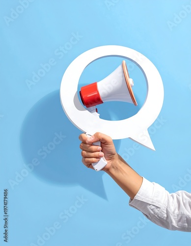 A hand holding a megaphone in a speech bubble