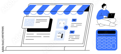 E-commerce, digital marketing, online shopping, sales calculation, product listings, financial analysis. Laptop with storefront images, items price tags and person using a laptop. E-commerce