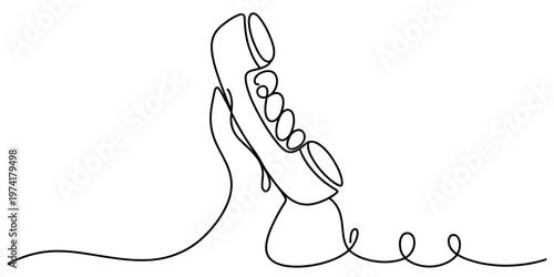 A single continuous line drawing of a retro telephone receiver held by a human hand for contact