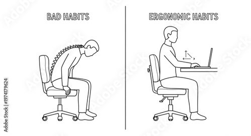 Ergonomic vs Bad Posture Sitting at Desk Comparison.