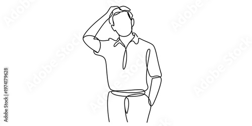 Minimalist continuous line drawing of a thoughtful man standing with his hand on his forehead