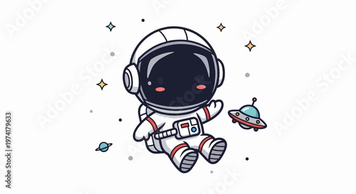 Cute Cartoon Astronaut Floating in Space with Spaceship Illustration.