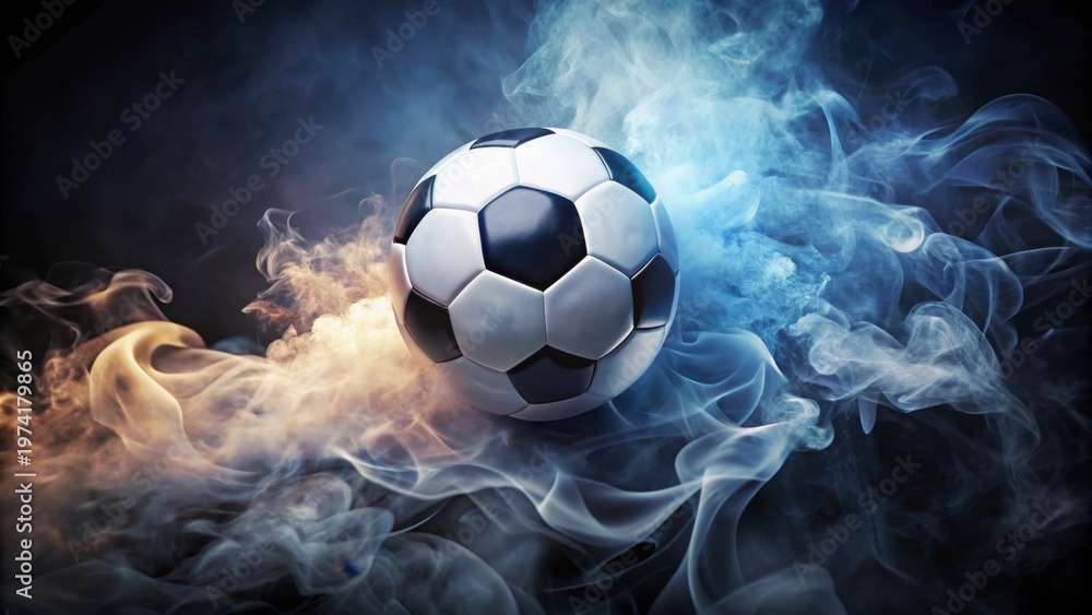 Fototapeta premium A soccer ball engulfed in swirling smoke, a dramatic visual representation of intense competition and the thrill of victory