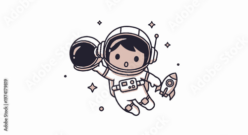 Cute Cartoon Astronaut Floating in Space with Spacesuit and Rocket.