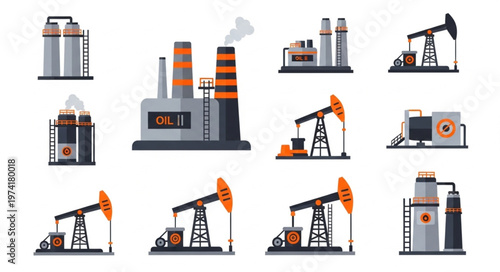 Oil Industry Assets - Pumpjacks, Refineries, and Storage Tanks.