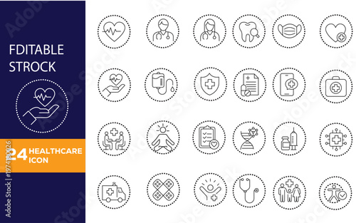 A collection of 24 editable stroke healthcare icons depicting various medical fields and services in a circular design high-quality professional detailed modern elegant