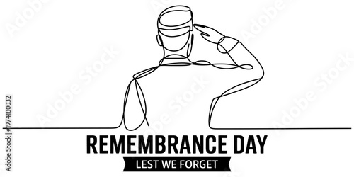 A continuous line drawing of a soldier saluting in honor of remembrance day with respect shown.