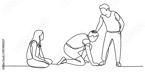 A single continuous line drawing of three people interacting in a moment of comfort and support