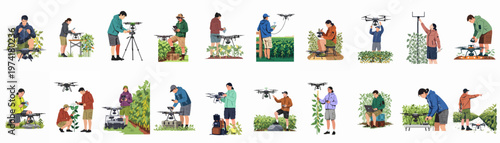 Collection of diverse characters using agricultural drones for smart farming, crop monitoring, maintenance, and data analysis in a modern flat illustration style.