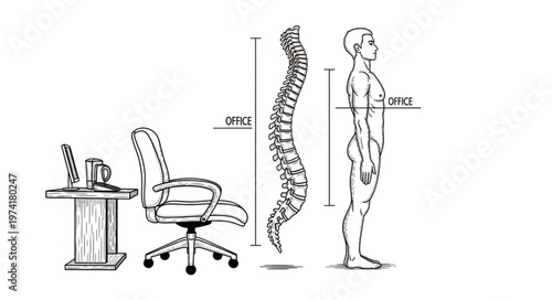 Ergonomic Office Setup and Human Spine Alignment Illustration.