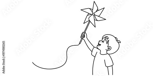 A simple black and white line drawing of a happy young boy playing with a spinning pinwheel toy
