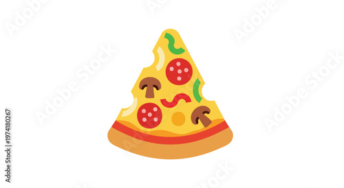 A flat illustration of a pizza slice with toppings including pepperoni, mushrooms, peppers, and onions, on a white background. It's partially eaten