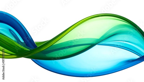 Flowing, translucent bands of vibrant color undulate across a white background. Blues and greens merge and twist in an abstract design