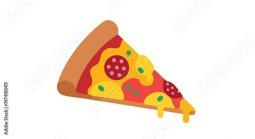 A single slice of pizza, a cartoonish style with a crust, cheese, and toppings. Cheese drips from the end