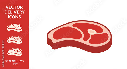 A cartoon steak illustration, showcasing the red meat's cut. A red bar with white text "Vector Delivery Icons" and three steak icons are on the left