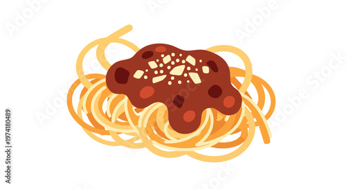 Illustration of cooked spaghetti and red sauce, adorned with white specks, on a white background. The noodles are a mix of light and dark orange hues