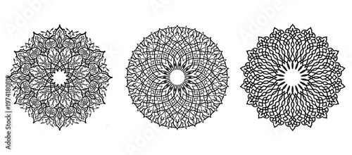 Set of Black and White Circular Mandala Ornaments for Meditation and Bohemian Design