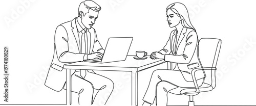 Business man and woman working together at desk with laptop discussing project ideas in modern office line art