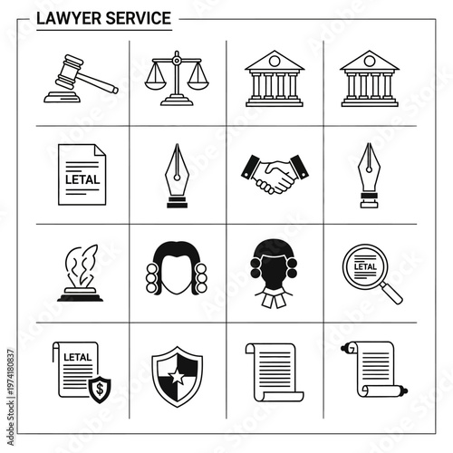 Lawyer service icons on white background.