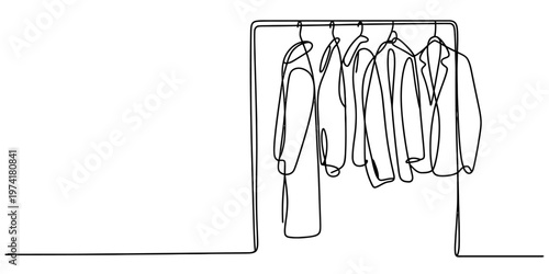A minimalist single line drawing of multiple coats and jackets hanging on a simple metal rack