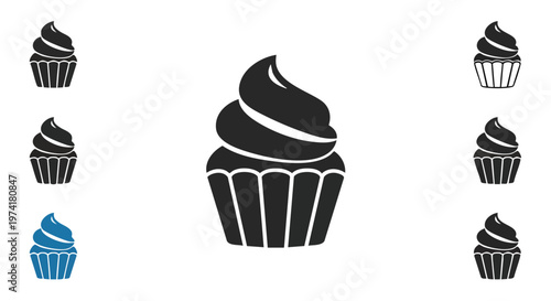 Several cupcake illustrations are arranged against a white backdrop. A central image serves as a focus, surrounded by variations