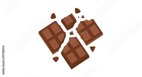 A stylized illustration depicting a broken chocolate bar, in shades of brown, with some pieces scattered on a white background