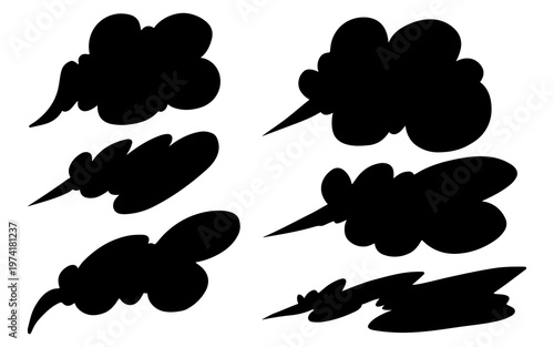 Set of six black cartoon smoke or dust cloud silhouettes with pointed tails, isolated on a white background.