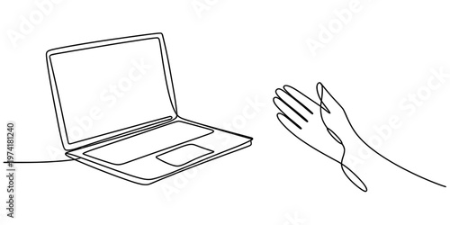 A single continuous line drawing of an open laptop computer positioned next to a human hand