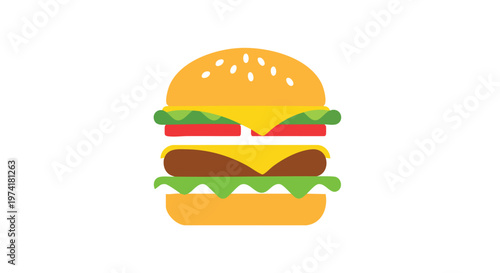 A simplified, cartoon-style illustration of a cheeseburger, depicted with a top bun, fillings and a bottom bun, all against a white background