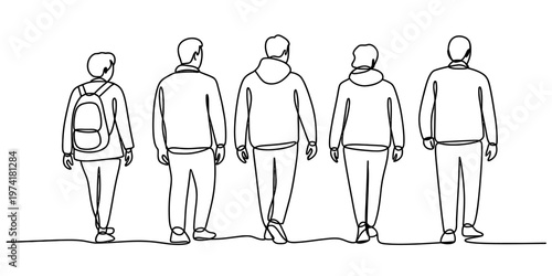 A single continuous line drawing of five people walking together away from the viewer in a group