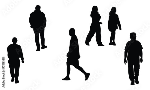 Silhouettes of people walking on white background, black figures of men and women in motion, diverse group of individuals moving with purpose