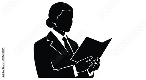 Professional woman in a suit reading a striking black silhouette