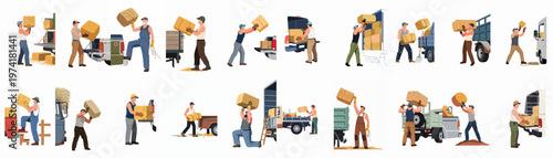 Vector collection of male farmers and workers loading hay bales onto trucks, illustrating manual labor and agricultural harvesting in a flat design style.